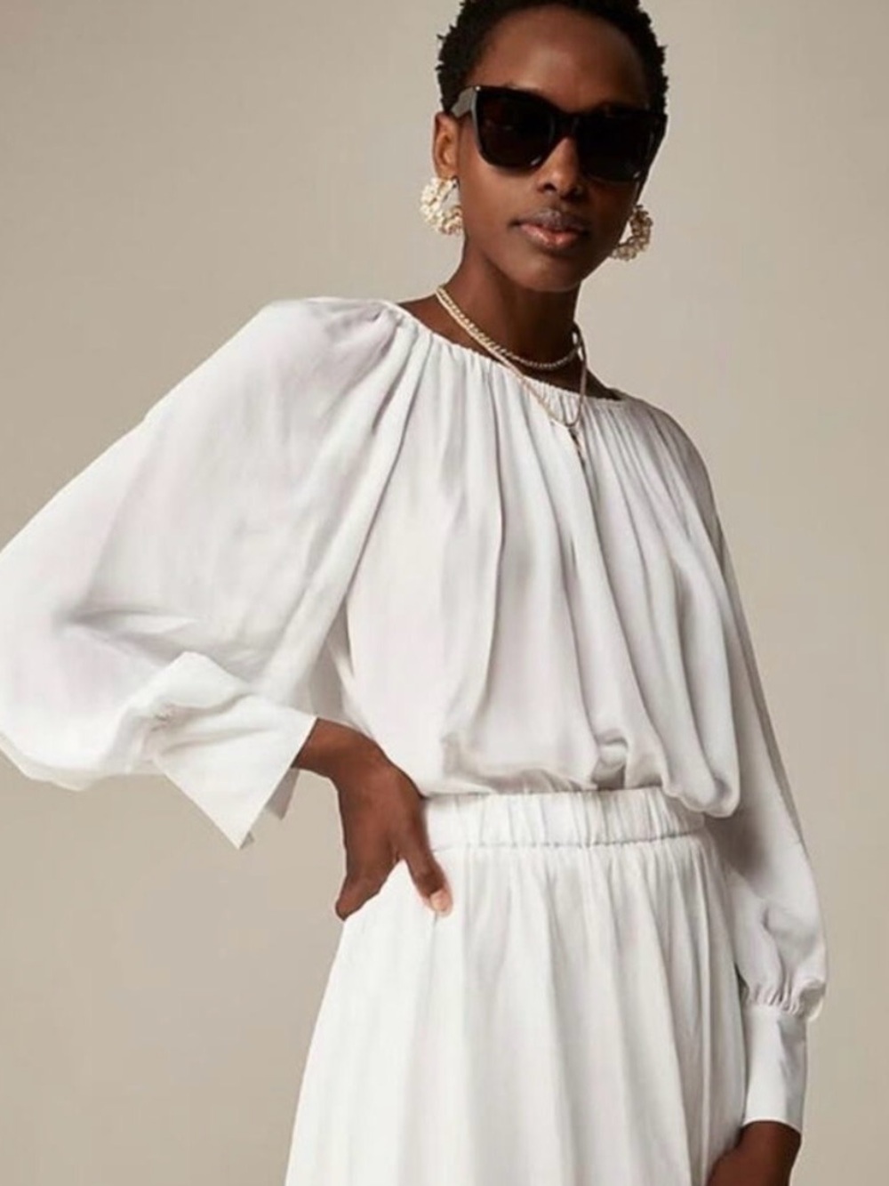 J. Crew Collection White Billow-Sleeve Pleated Blouse